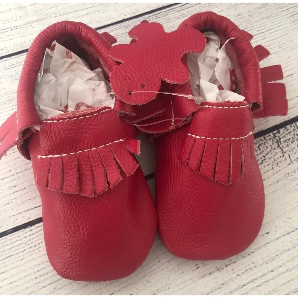 Red Leather Fringe Moccasins